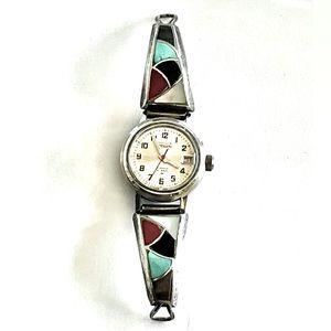 Zuni, Vintage Fish Scale Inlay. Jet Turquoise MoP Coral Sterling Watch Tips